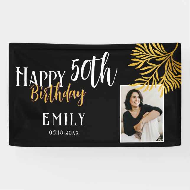 Happy 50th Birthday Gold Foliage Photo Backdrop Banner (Horizontal)