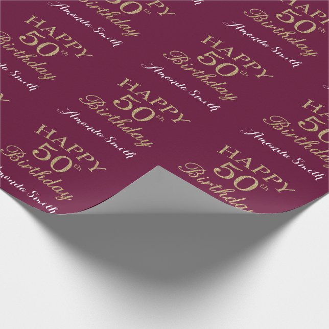 Happy 50th Birthday Gold Glitter and Burgundy Red Wrapping Paper (Corner)