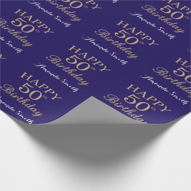 Happy 50th Birthday Gold Glitter and Navy Blue Wrapping Paper (Corner)