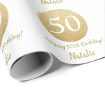 Happy 50th Birthday Gold Glitter and White Wrapping Paper<br><div class="desc">Happy 50th Birthday Gold Glitter and White Wrapping Paper with personalised name. For further customisation,  please click the "Customise it" button and use our design tool to modify this template.</div>