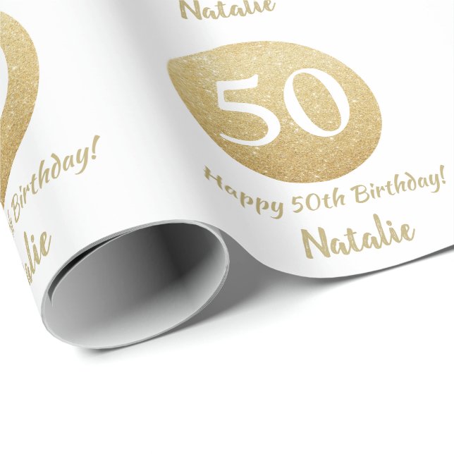 Happy 50th Birthday Gold Glitter and White Wrapping Paper (Roll Corner)