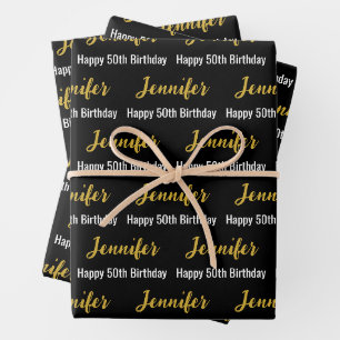 Happy 50th Birthday Gold Name Black and White Wrapping Paper Sheet