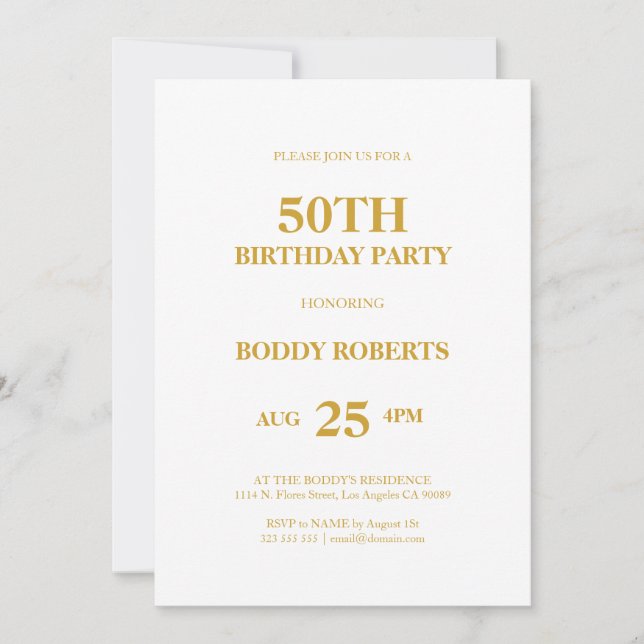 Happy 50th Birthday gold typography on white Invitation (Front)