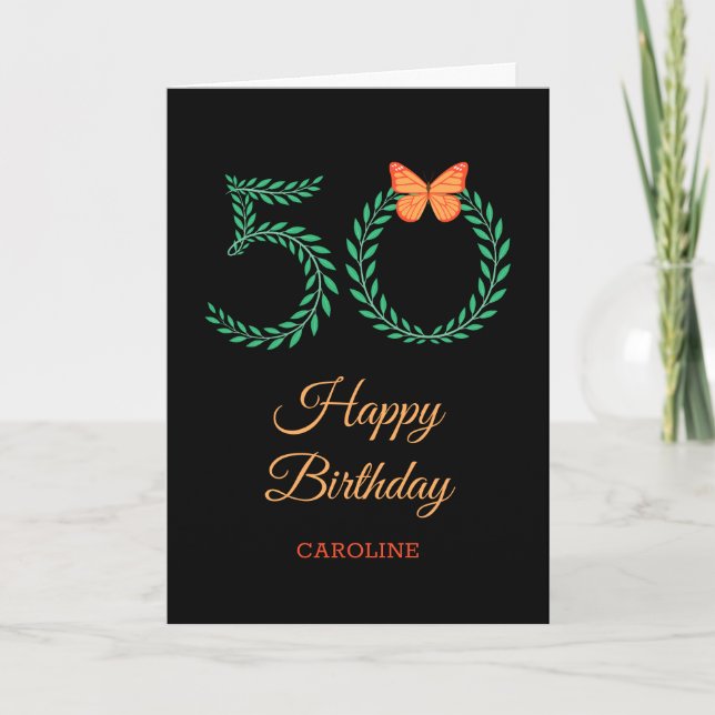 Happy 50th Birthday Greenery Butterfly Card (Front)