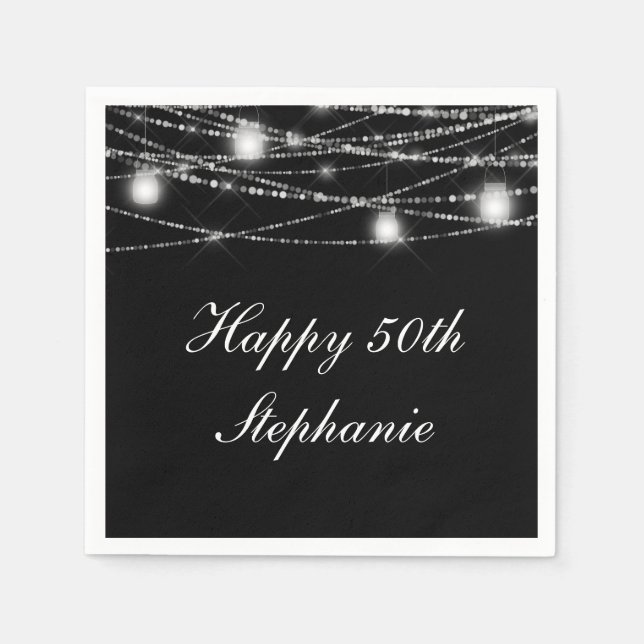 Happy 50th Birthday Mason Jars Lights Black White Napkin (Front)