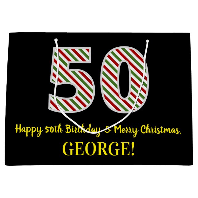 Happy 50th Birthday & Merry Christmas, Custom Name Large Gift Bag (Front)
