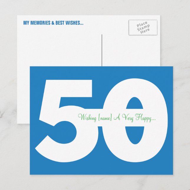Happy 50th Birthday Milestone Postcards - in Blue (Front/Back)