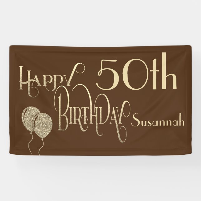 Happy 50th Birthday Name Gold Text Brown Banner (Horizontal)