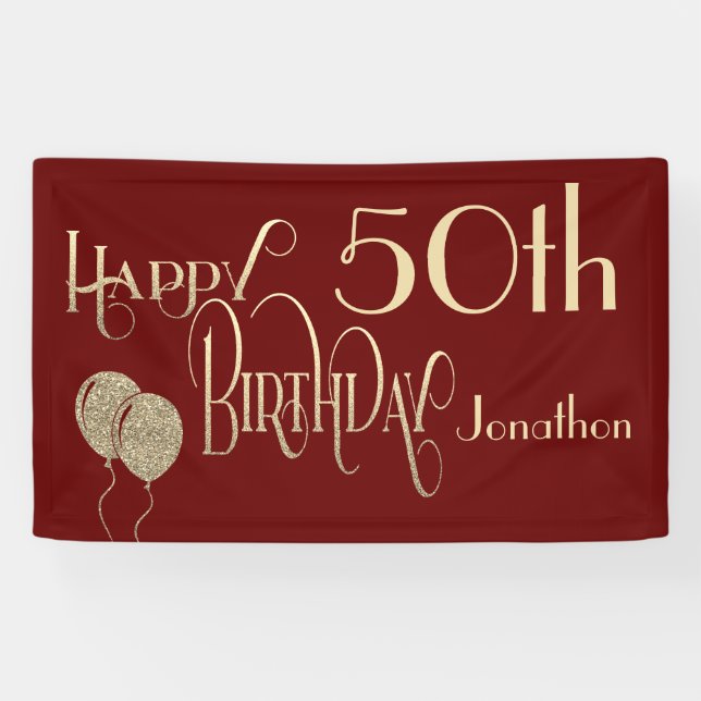 Happy 50th Birthday Name Gold Text Burgundy Banner (Horizontal)