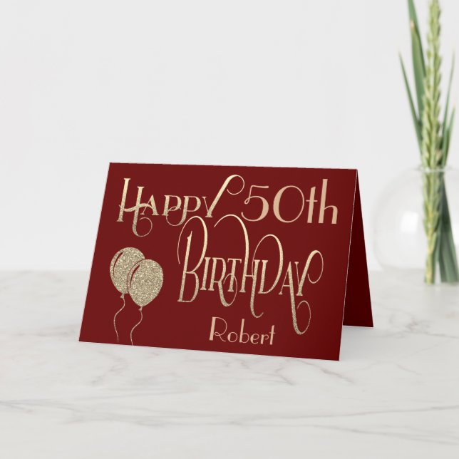 Happy 50th Birthday Name Gold Text Burgundy Card (Front)