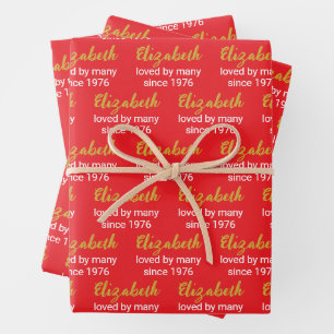 Happy 50th Birthday Name Gold White and Bright Red Wrapping Paper Sheet