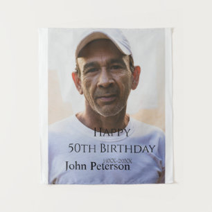 Happy 50th birthday name photo year man simple min tapestry