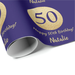 Happy 50th Birthday Navy Blue and Gold Glitter Wrapping Paper