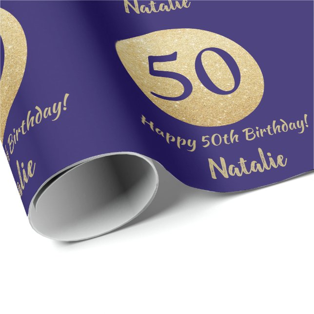Happy 50th Birthday Navy Blue and Gold Glitter Wrapping Paper (Roll Corner)