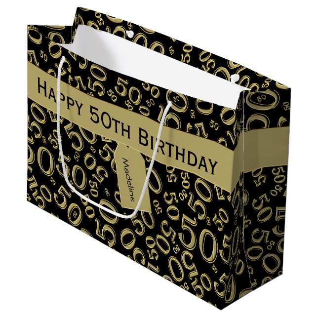 Happy 50th Birthday Number Pattern Black/Gold Large Gift Bag (Front Angled)