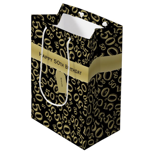 Happy 50th Birthday Number Pattern Black/Gold Medium Gift Bag (Front Angled)