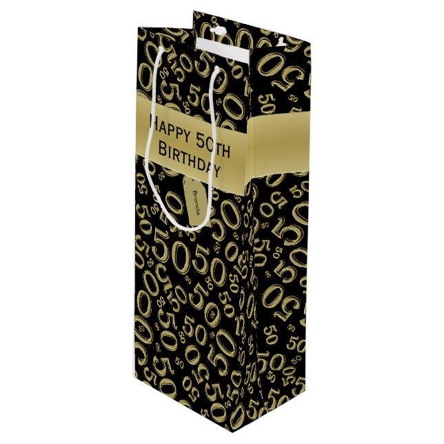 Happy 50th Birthday Number Pattern Black/Gold Wine Gift Bag (Front Angled)