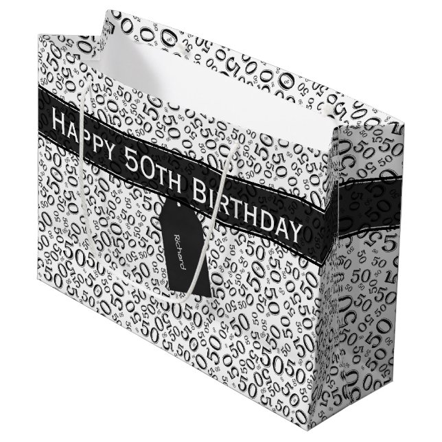 Happy 50th Birthday Number Pattern Black/White Large Gift Bag (Front Angled)