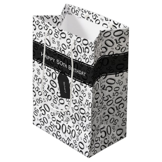 Happy 50th Birthday Number Pattern Black/White Medium Gift Bag (Front Angled)