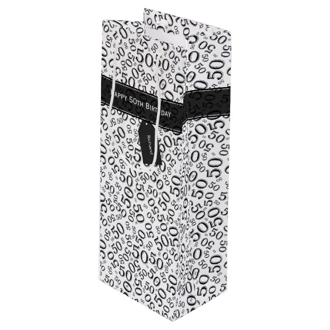 Happy 50th Birthday Number Pattern Black/White Wine Gift Bag (Front Angled)