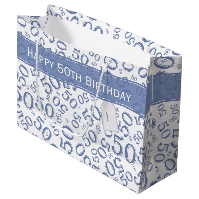 Happy 50th Birthday Number Pattern Blue/White Large Gift Bag (Front Angled)