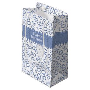 Happy 50th Birthday Number Pattern Blue/White Small Gift Bag