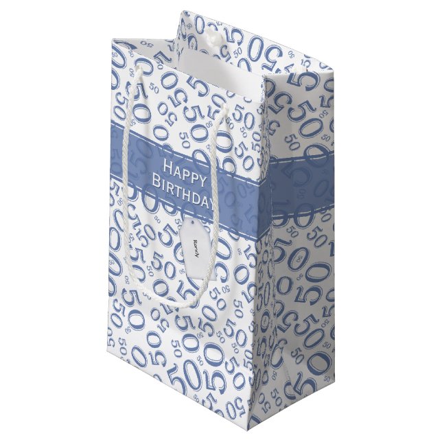 Happy 50th Birthday Number Pattern Blue/White Small Gift Bag (Front Angled)