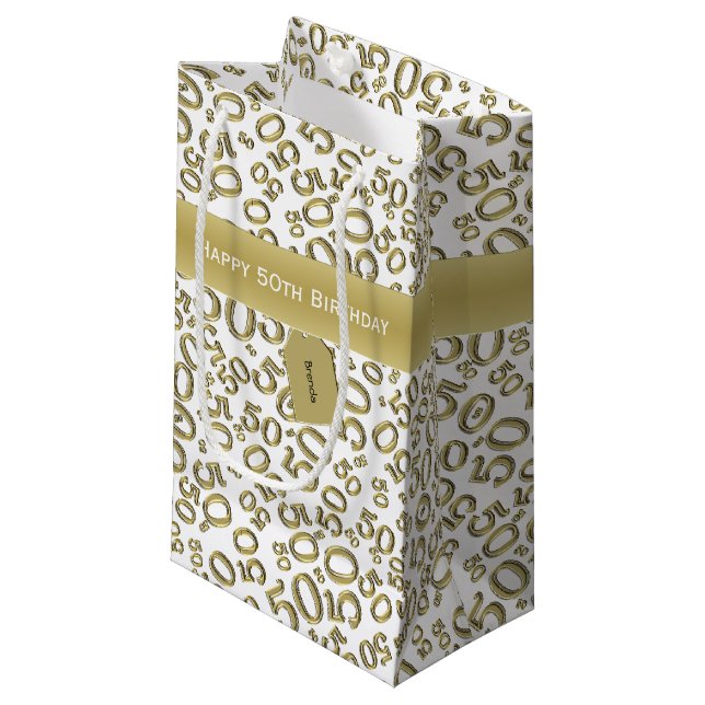Happy 50th Birthday Number Pattern Gold/White Small Gift Bag (Front Angled)