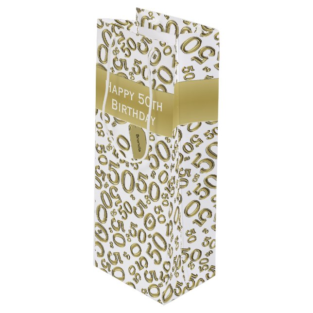 Happy 50th Birthday Number Pattern Gold/White Wine Gift Bag (Front Angled)