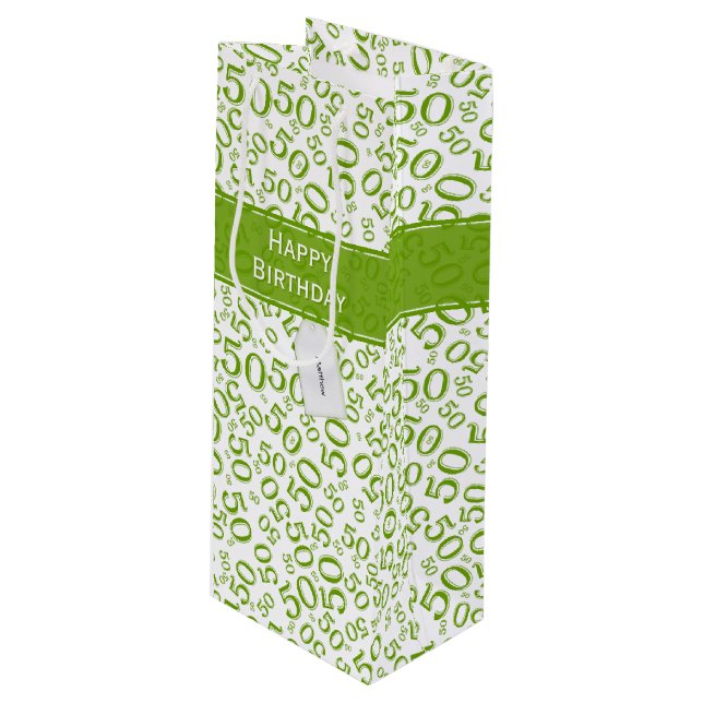 Happy 50th Birthday Number Pattern Green/White Wine Gift Bag (Front Angled)