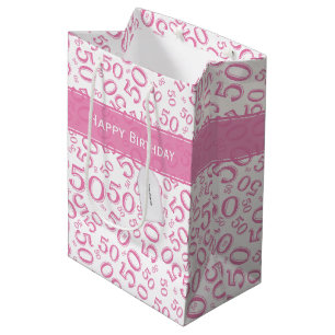Happy 50th Birthday Number Pattern Pink/White Medium Gift Bag