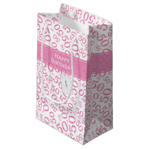Happy 50th Birthday Number Pattern Pink/White Small Gift Bag