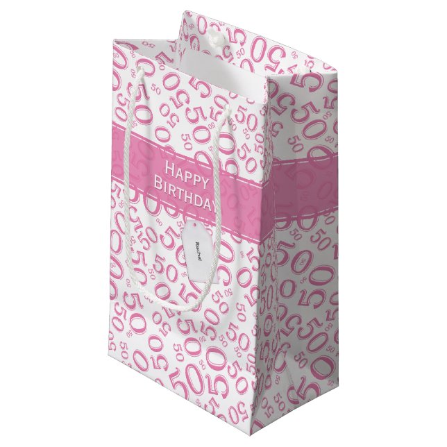 Happy 50th Birthday Number Pattern Pink/White Small Gift Bag (Front Angled)