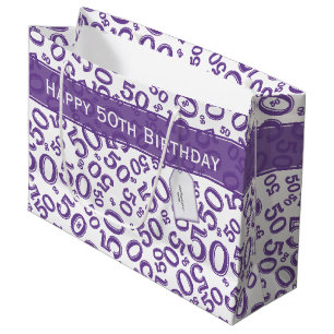 Happy 50th Birthday Number Pattern Purple/White Large Gift Bag