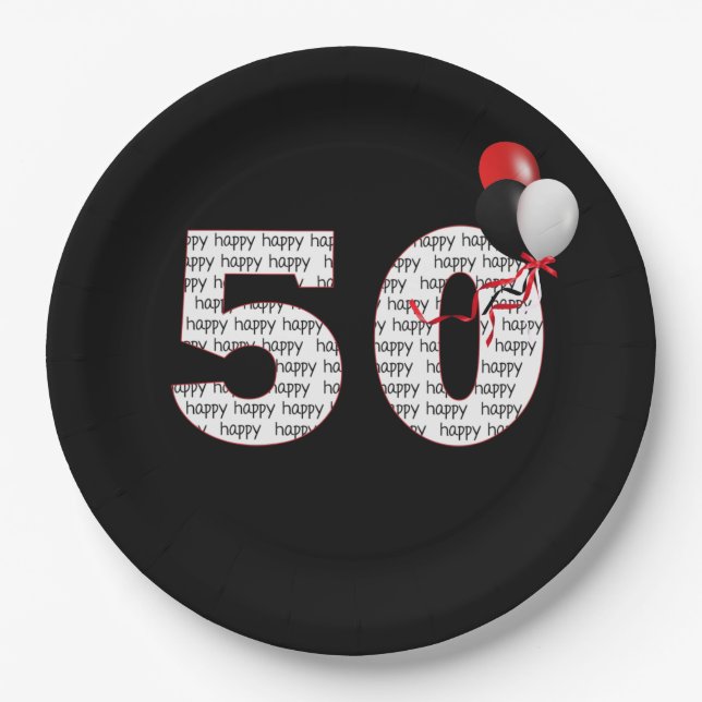 Happy 50th Birthday On Black Paper Plate (Front)
