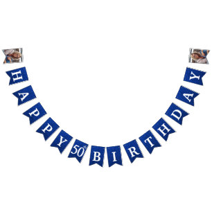 Happy 50th Birthday Photo Blue Glitter Bunting