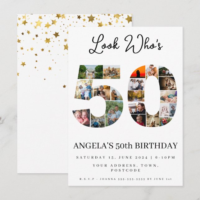 happy 50th birthday Photo Collage gold and white Invitation (Front/Back)