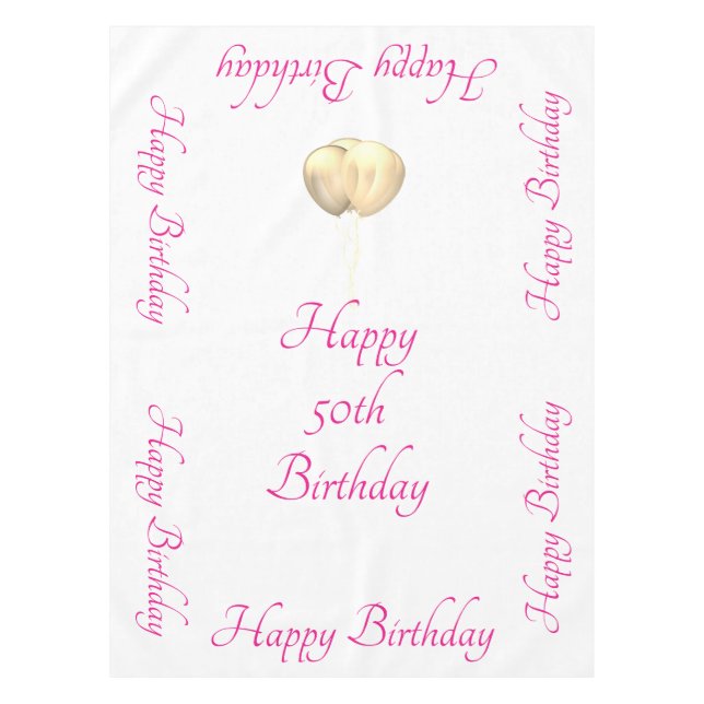Happy 50th Birthday Pink White Gold Balloons Cool Tablecloth (Front)