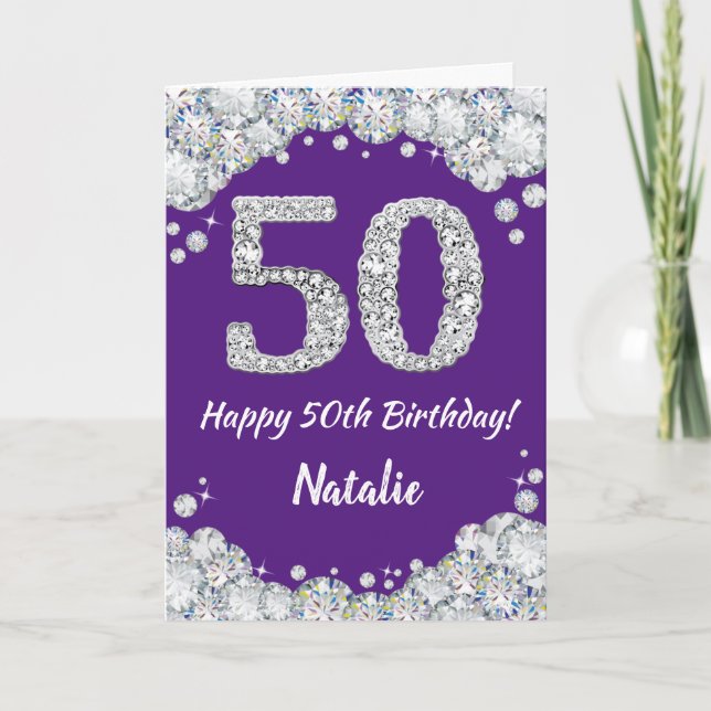 Happy 50th Birthday Purple and Silver Glitter Card (Front)