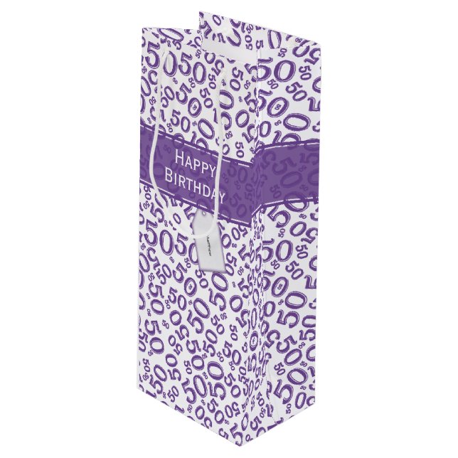 Happy 50th Birthday Random Number Pattern Purple Wine Gift Bag (Front Angled)
