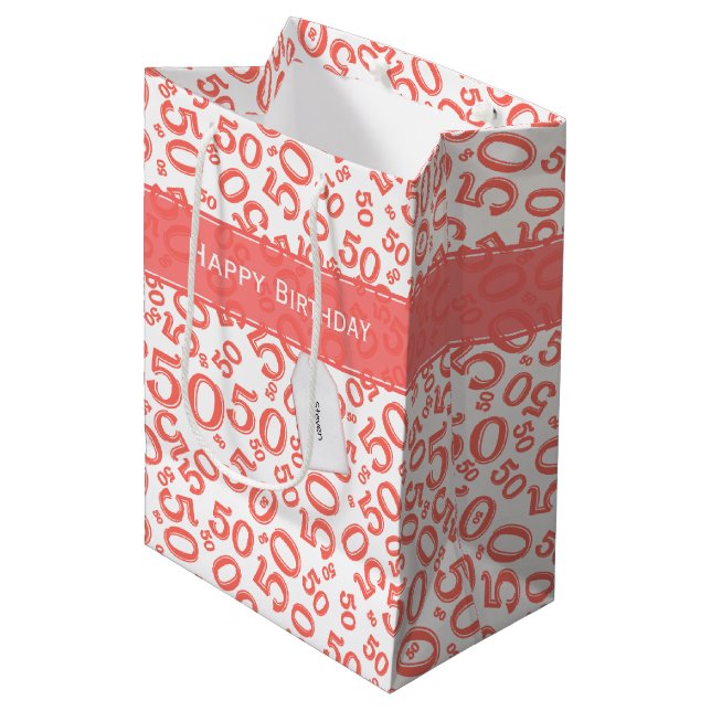 Happy 50th Birthday  Random Pattern Coral/White Medium Gift Bag (Front Angled)