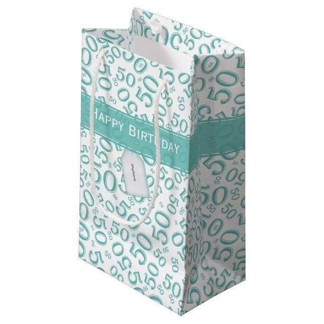 Happy 50th Birthday  Random Pattern Teal/White Small Gift Bag (Front Angled)