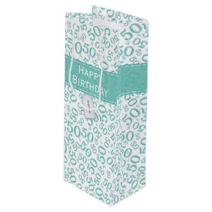 Happy 50th Birthday  Random Pattern Teal/White Wine Gift Bag