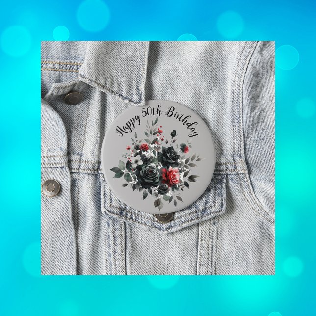 Happy 50th Birthday Red and Black Roses | 10 Cm Round Badge (Creator Uploaded)
