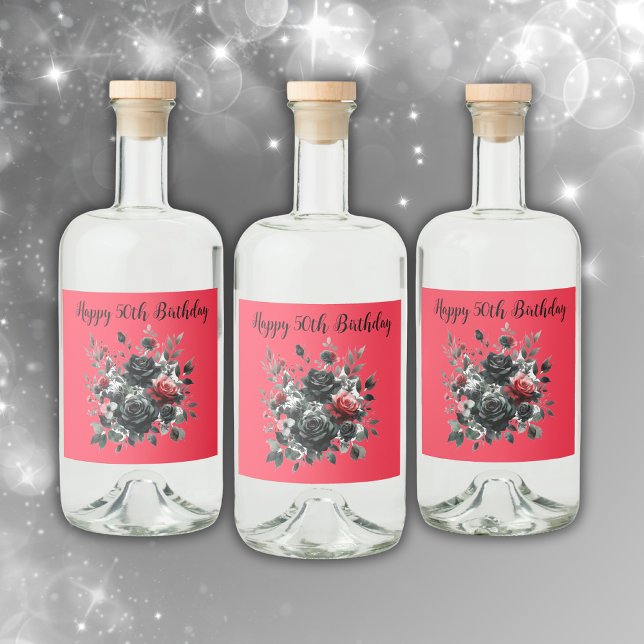 Happy 50th Birthday Red and Black Roses | Liquor Bottle Label (Creator Uploaded)