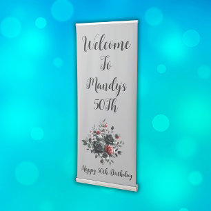 Happy 50th Birthday Red and Black Roses Retractable Banner