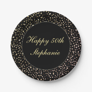 Happy 50th Birthday Sparkle Confetti Black Gold Paper Plate