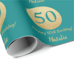 Happy 50th Birthday Teal and Gold Glitter Wrapping Paper<br><div class="desc">Happy 50th Birthday Teal and Gold Glitter Wrapping Paper with personalised name. For further customisation,  please click the "Customise it" button and use our design tool to modify this template.</div>