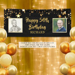 Happy 50th Birthday Then & Now Photos Stars Banner<br><div class="desc">Celebrate the one who's turning 50 and welcome party guests with this black and gold star themed banner sign featuring THEN and NOW photos and a brush script font. PHOTO TIP: For fastest/best results, choose a photo with the subject in the middle and/or pre-crop it to a square shape BEFORE...</div>