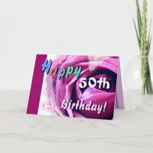 HAPPY 50th BIRTHDAY with Pink Rose & Blue Flower Card